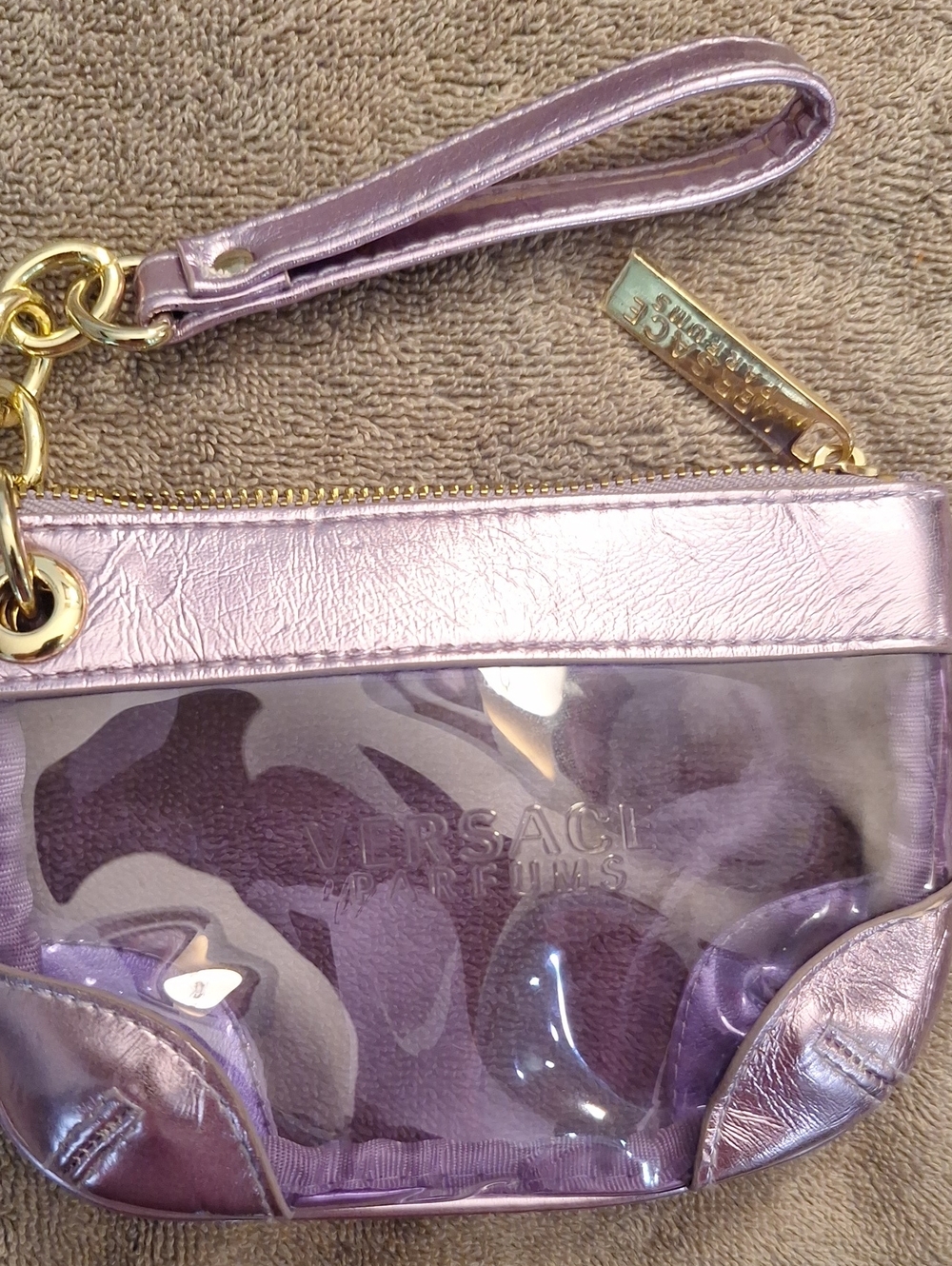 Versace Parfums Collection Metallic Lilac Clear Wristlet with Gold Hardware